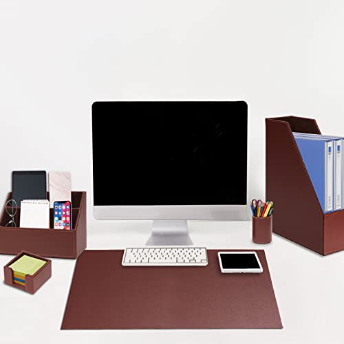 RHCSZ 6 Piece Office Supplies/Desk Organizer Set with Desktop Leather Writing Pad,File Paper Tray,Magazine folder Holder, Pen Cup,Sticky Note Holder,Letter Mail Sorter,Workspace Decor for Women Men Brown - Image 2