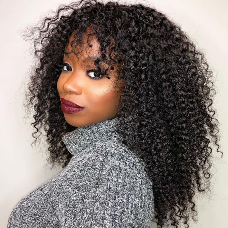 BLY Human Hair Kinky Curly Wig with Bangs 18 Inch Wear and Go Glueless Curly Wigs with Scalp Top Human Hair Wigs for Women 180 Density Natural Black Color