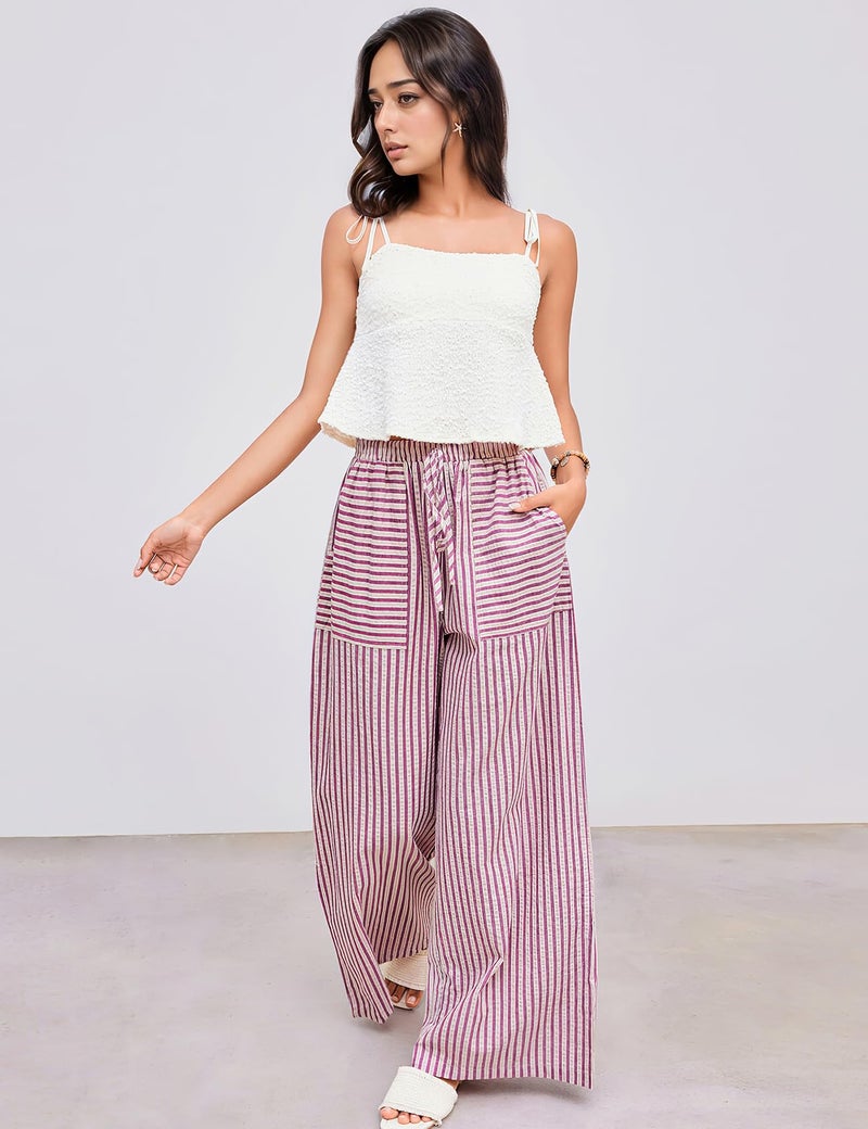 PEHMEA Women's Striped Wide Leg Pants Drawstring Cotton Mid Rise Casual Palazzo Trousers with Pockets 2026(Red-L) - Image 2