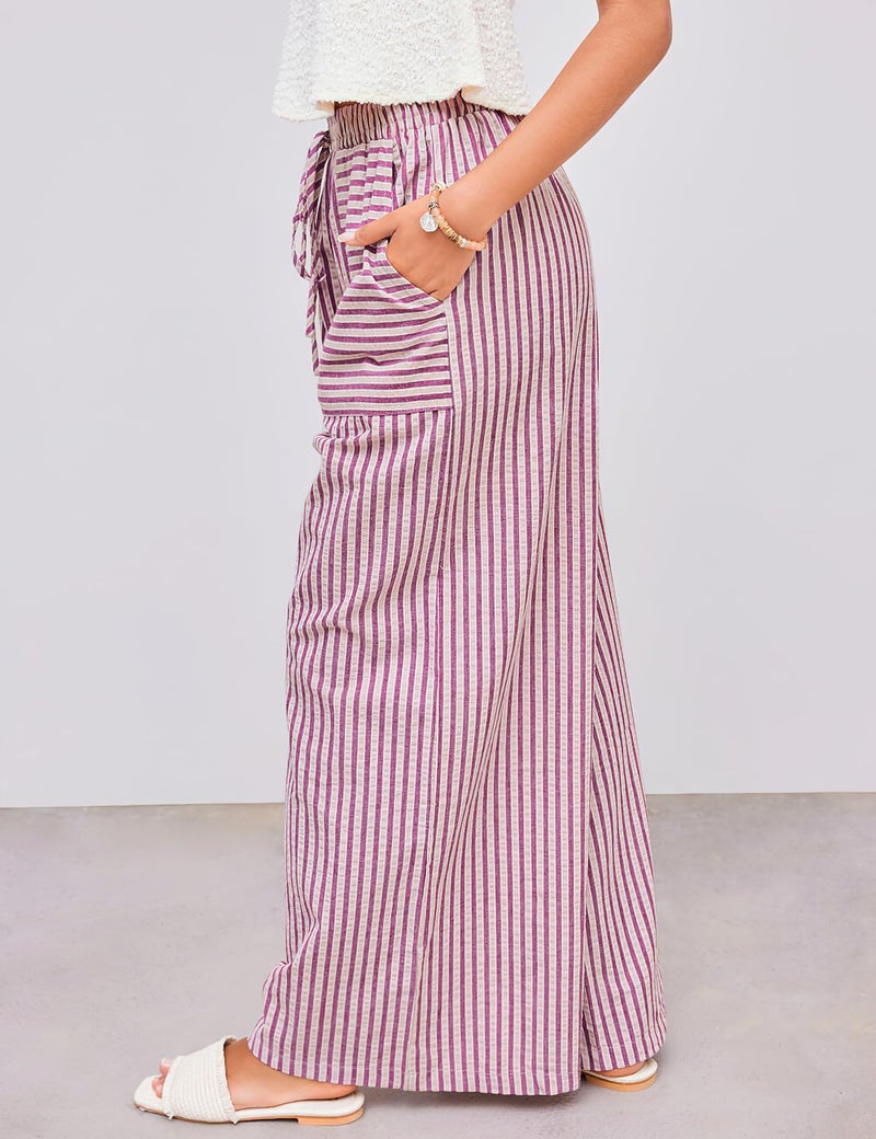 PEHMEA Women's Striped Wide Leg Pants Drawstring Cotton Mid Rise Casual Palazzo Trousers with Pockets 2026(Red-L) - Image 5