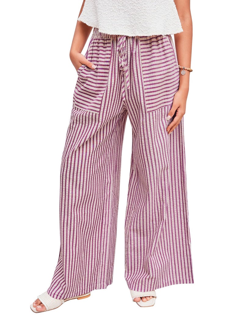 PEHMEA Women's Striped Wide Leg Pants Drawstring Cotton Mid Rise Casual Palazzo Trousers with Pockets 2026(Red-L) - Image 1