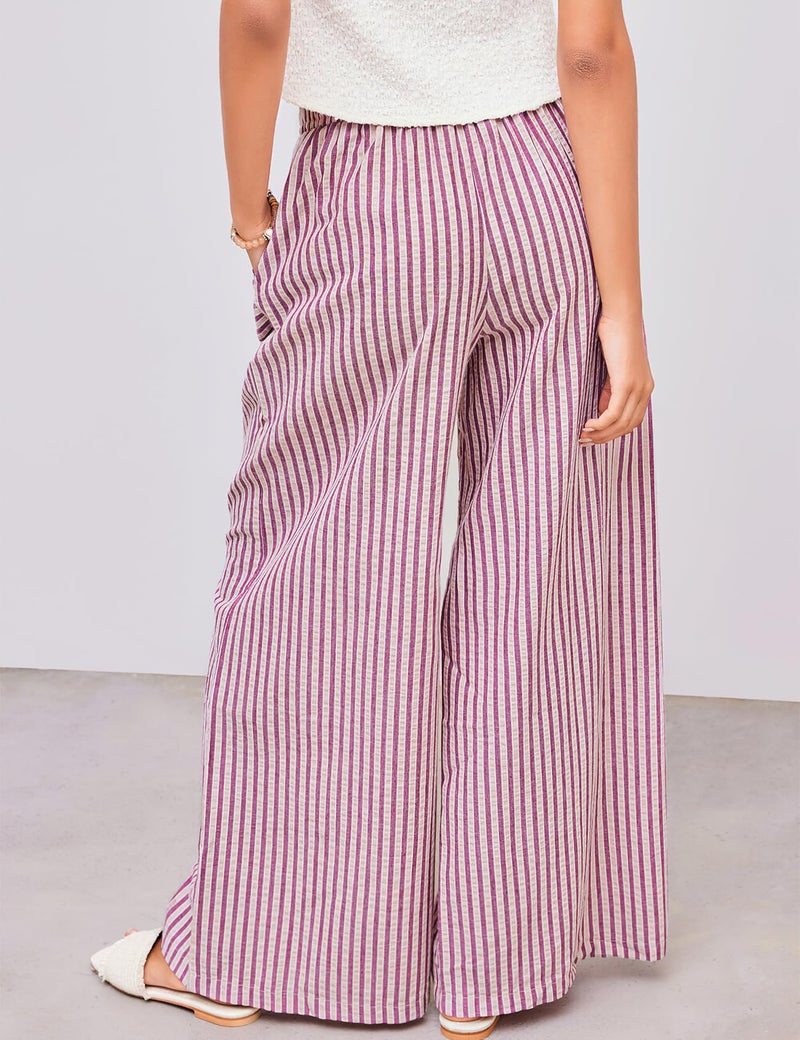 PEHMEA Women's Striped Wide Leg Pants Drawstring Cotton Mid Rise Casual Palazzo Trousers with Pockets 2026(Red-L) - Image 3