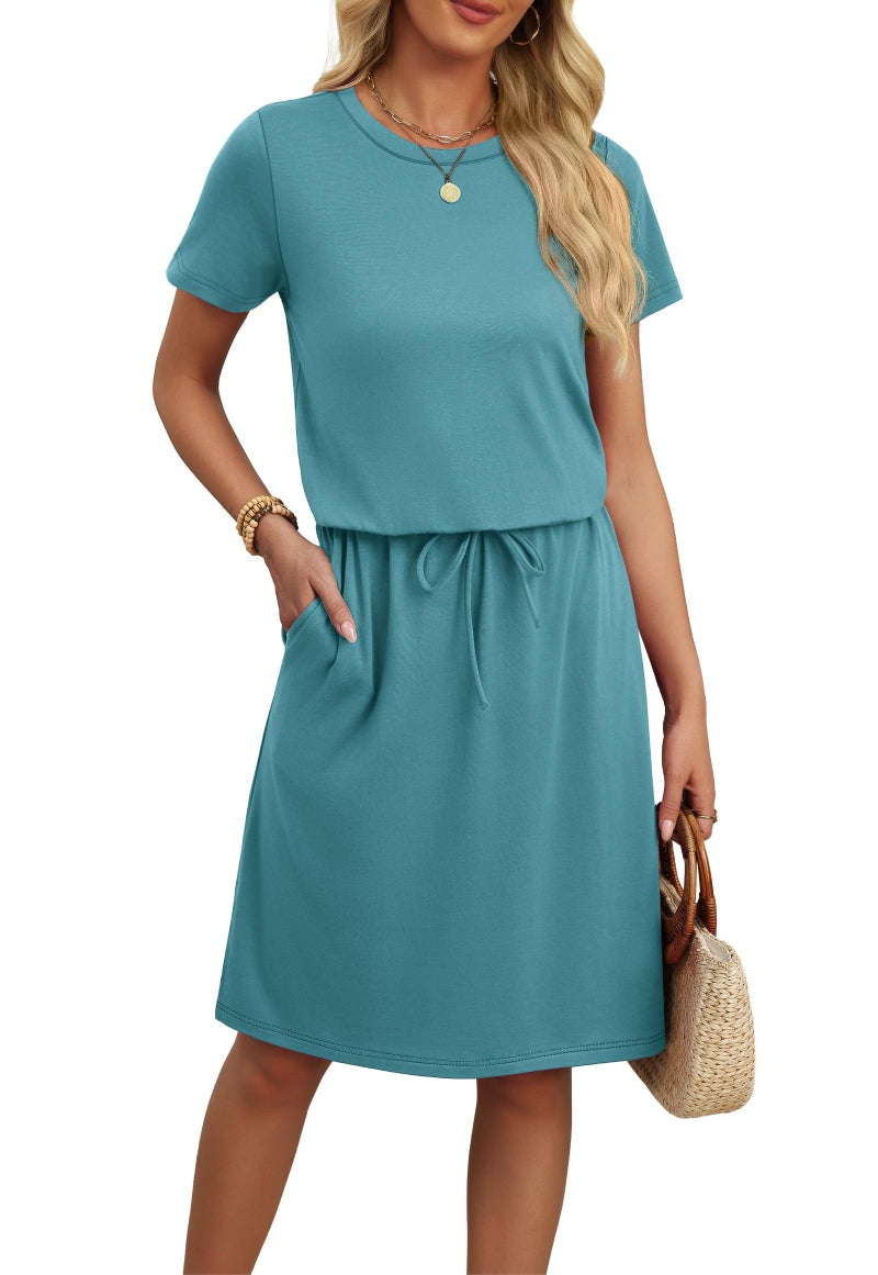 OFEEFAN Sundresses for Women 2026 Loose Fit Dresses Tie Waist with Pocket Spring Fashion Cloting Summer Beach Vacation Airport Luxury Outfits Blue L - Image 1