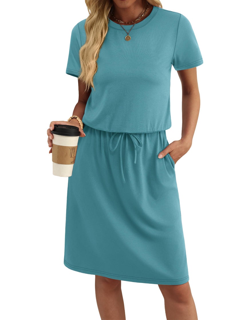 OFEEFAN Sundresses for Women 2026 Loose Fit Dresses Tie Waist with Pocket Spring Fashion Cloting Summer Beach Vacation Airport Luxury Outfits Blue L - Image 2