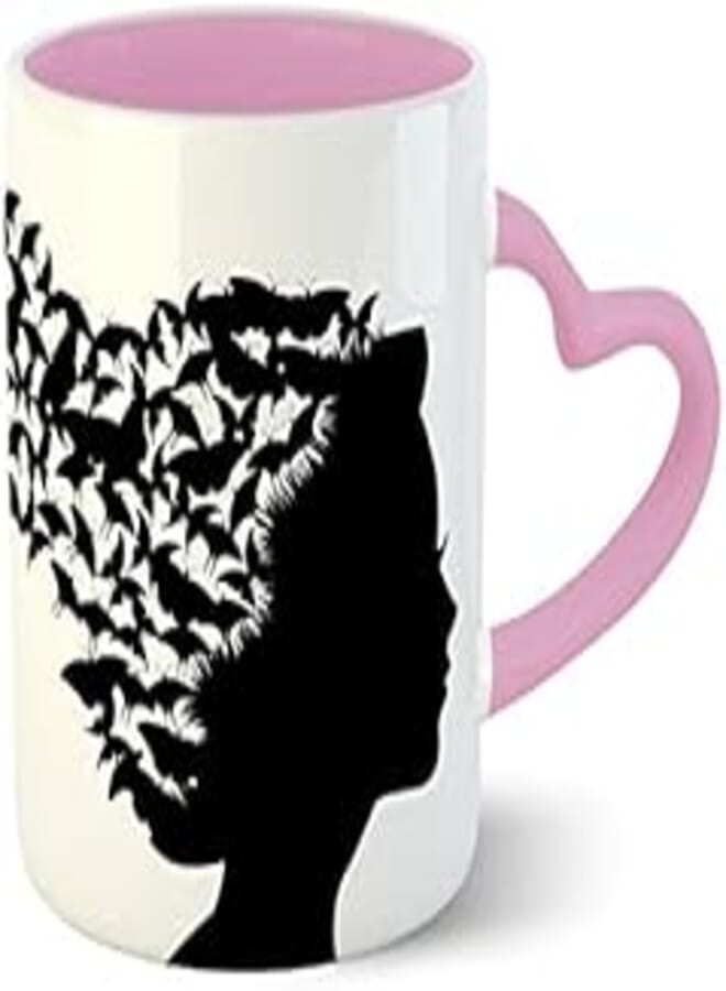 Chiraiyaa Women Butterfly Typography Inner Pink Printed with Pink Heart Handle Ceramic Mug - 300 ml