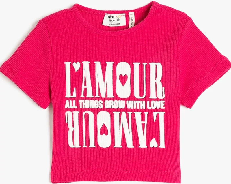 كوتون Crop T-Shirt Short Sleeve Printed Crew Neck Ribbed