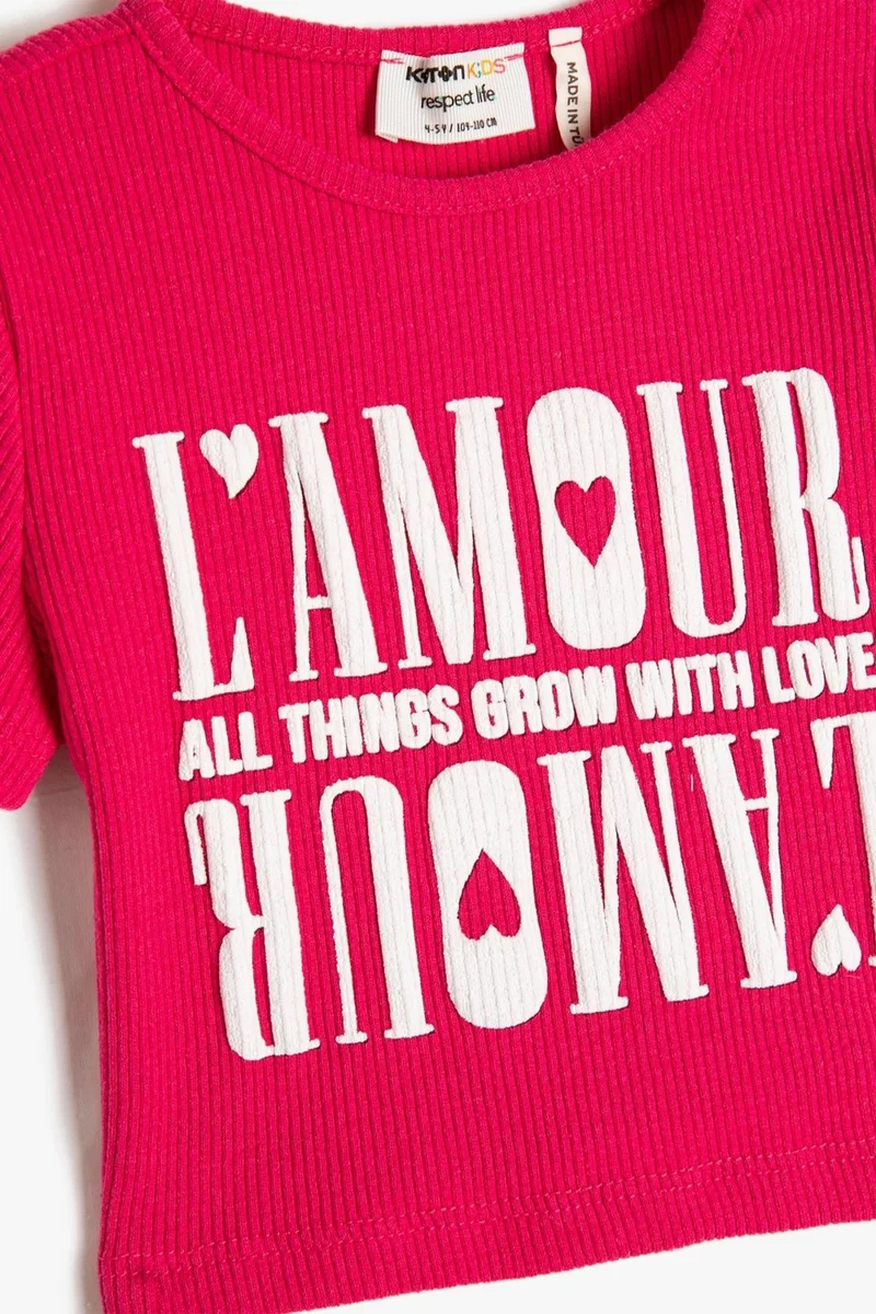 كوتون Crop T-Shirt Short Sleeve Printed Crew Neck Ribbed