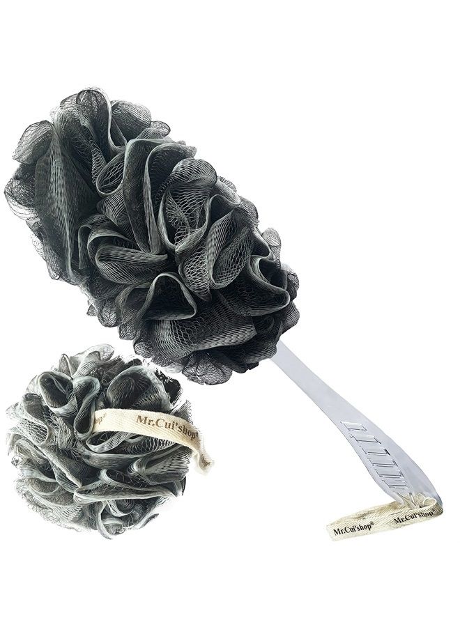 Mr.Cui'shop 2 pcs/set Bamboo Charcoal Exfoliating Loofah Bath Back Brush On a Stick - Long Handle With Radian is Ergonomic For Men and Women - 1 Shower Sponge Body Back Scrubber and 1 Shower Sponge Pouf Mesh - Image 1
