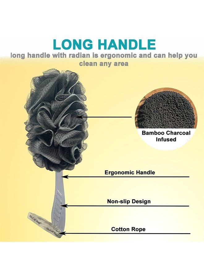 Mr.Cui'shop 2 pcs/set Bamboo Charcoal Exfoliating Loofah Bath Back Brush On a Stick - Long Handle With Radian is Ergonomic For Men and Women - 1 Shower Sponge Body Back Scrubber and 1 Shower Sponge Pouf Mesh - Image 3