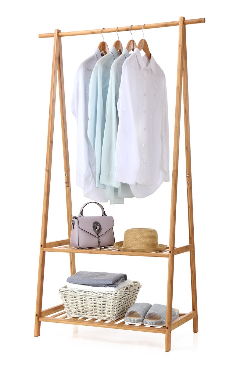Finnhomy Bamboo Clothes Rack Portable Extra Large Garment Rack 2-Tire Storage Box Shelves For Entryway and Bed Room Patented Design - Image 1