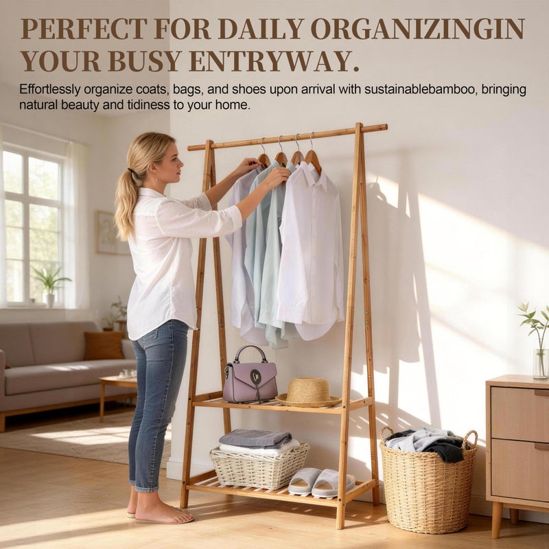 Finnhomy Bamboo Clothes Rack Portable Extra Large Garment Rack 2-Tire Storage Box Shelves For Entryway and Bed Room Patented Design - Image 5