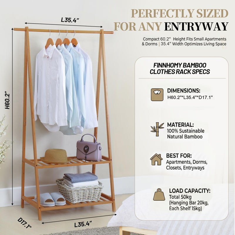 Finnhomy Bamboo Clothes Rack Portable Extra Large Garment Rack 2-Tire Storage Box Shelves For Entryway and Bed Room Patented Design - Image 4