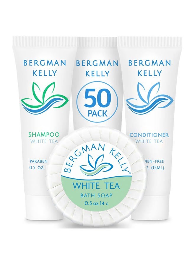BERGMAN KELLY Round Hotel Soap Bars, Shampoo & Conditioner 3-Piece Set (0.5 oz each, 150 pc, White Tea), Delight Your Guests with Revitalizing & Refreshing Mini Travel Toiletries & Bulk Amenities - Image 1