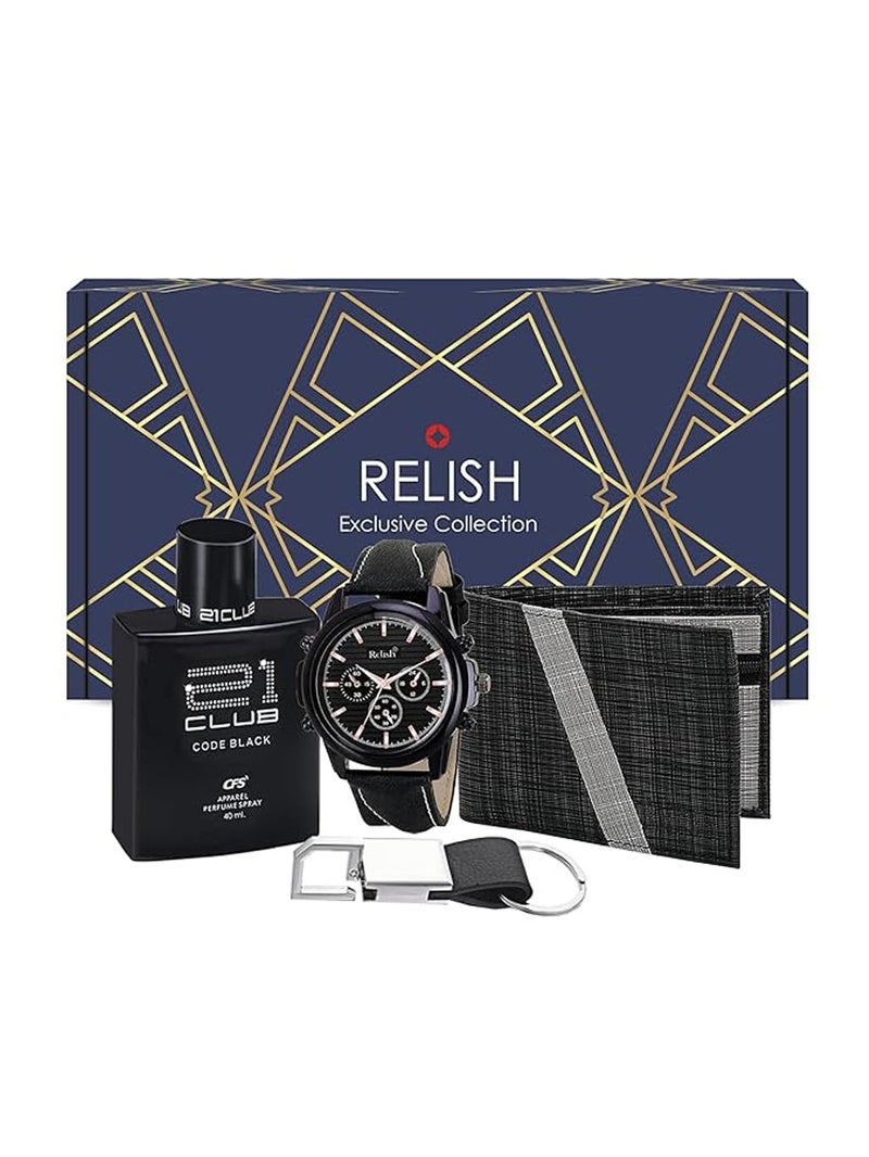Relish Men’s Gift Set Combo with Analog Watch, Metal Hook Keychain, Leather Wallet & Long-Lasting Perfume | Birthday, Anniversary & Diwali Gift for Husband & Boyfriend - Image 1