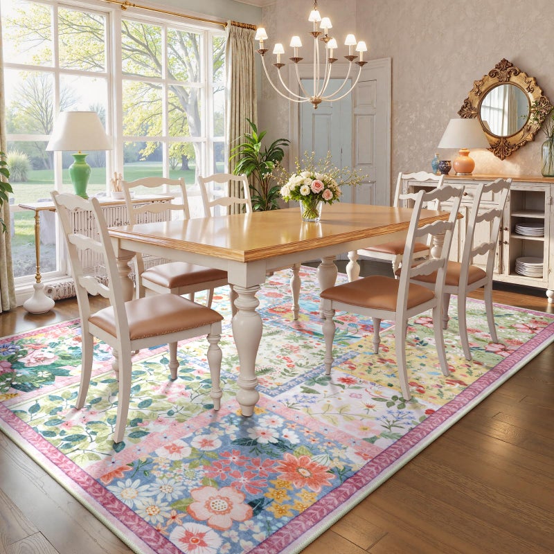 LIVEBOX Pink Washable Rugs 8x10 for Living Room, Soft Pink Rug for Bedroom,Non Slip Ultra Thin Rug Botanical Bedroom Rugs 8x10 Under Bed, Floor Carpet for Dining Room Home Office - Image 4