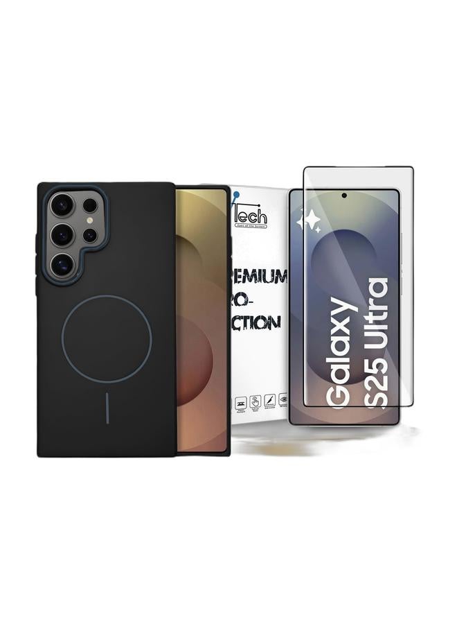 Syndee Samsung Galaxy S25 Ultra 5G 2025 Syndee Series Premium Liquid Silicone Compatible With Thin Magsafe Ring Case Cover - Black & Samsung Galaxy S25 Ultra 2025 Premium Edge-Pro Full Glue Full Cover Tempered Glass Screen Protector - Clear/Black Bundle - Image 1