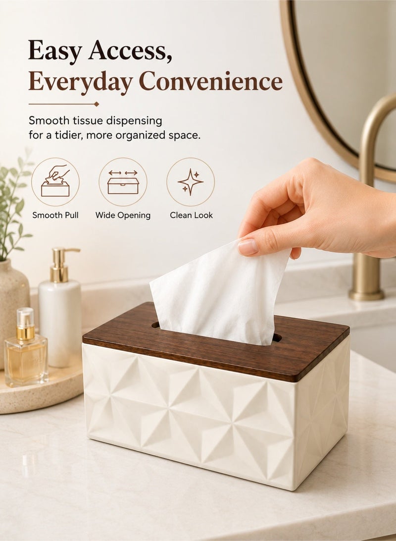 Leoxol Tissue Box Cover 22 cm | Rectangular Tissue Holder With Wood Grain Top | Geometric Plastic Tissue Dispenser For Table Bathroom Bedroom Office - Image 2