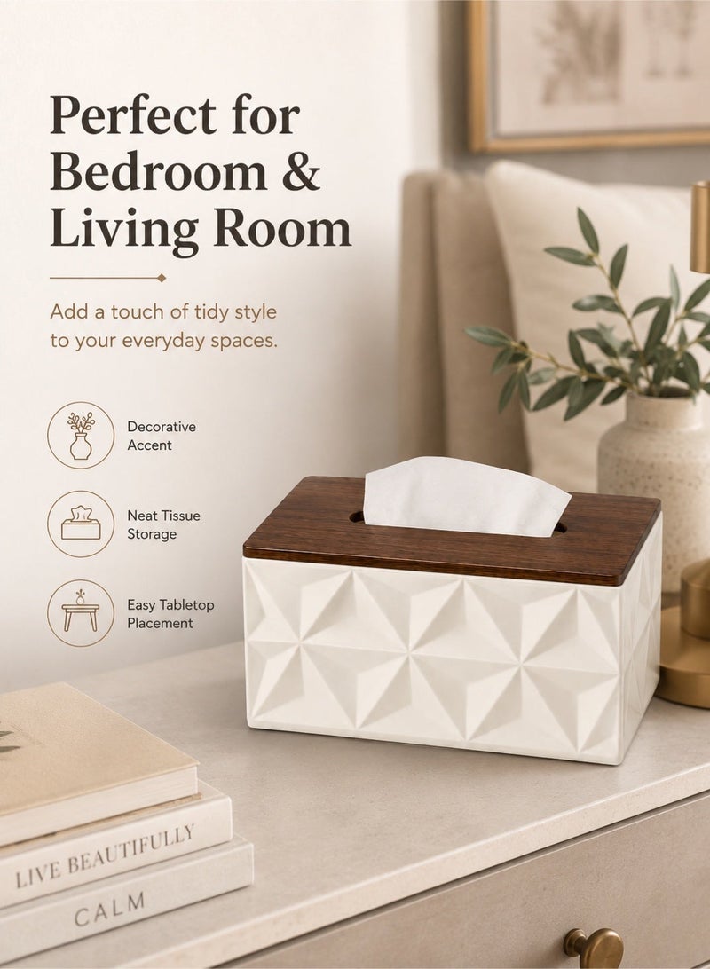 Leoxol Tissue Box Cover 22 cm | Rectangular Tissue Holder With Wood Grain Top | Geometric Plastic Tissue Dispenser For Table Bathroom Bedroom Office - Image 3