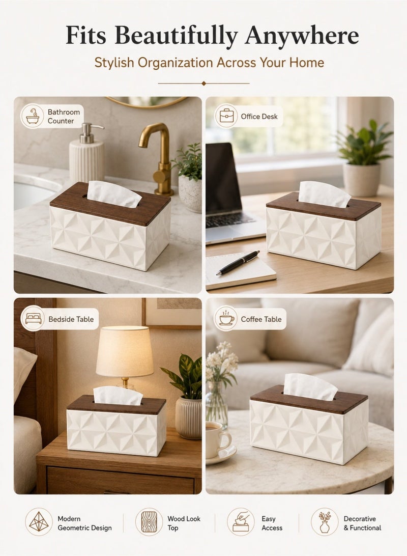 Leoxol Tissue Box Cover 22 cm | Rectangular Tissue Holder With Wood Grain Top | Geometric Plastic Tissue Dispenser For Table Bathroom Bedroom Office - Image 4