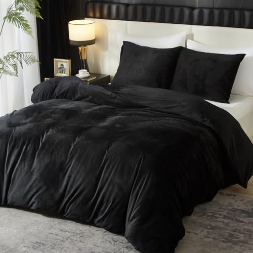 Ivellow Velvet Duvet Cover King Set Black Velvet Duvet Cover King Comforter Cover 3Pcs Ultra Soft Duvet Cover Breathable Solid Luxury Flannel Velour Duvet Cover Zipper Closure Corner Tie - Image 3