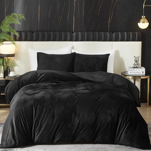 Ivellow Velvet Duvet Cover King Set Black Velvet Duvet Cover King Comforter Cover 3Pcs Ultra Soft Duvet Cover Breathable Solid Luxury Flannel Velour Duvet Cover Zipper Closure Corner Tie - Image 1