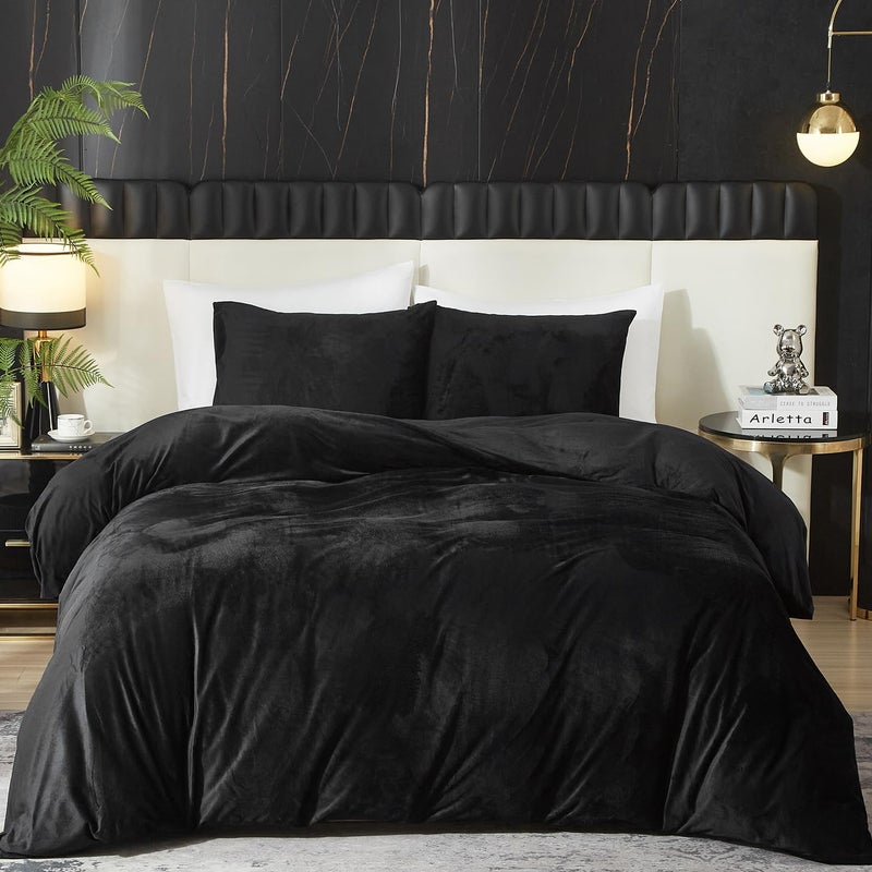 Ivellow Velvet Duvet Cover King Set Black Velvet Duvet Cover King Comforter Cover 3Pcs Ultra Soft Duvet Cover Breathable Solid Luxury Flannel Velour Duvet Cover Zipper Closure Corner Tie - Image 2