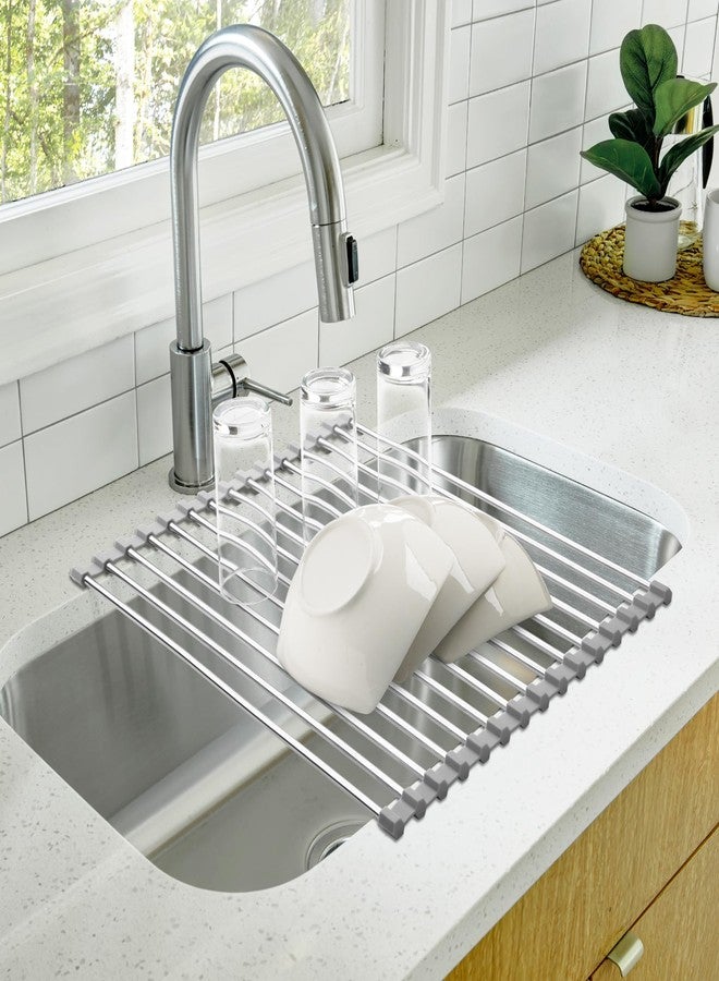 Zulay Kitchen 17.5” x 12” Roll Up Dish Drying Rack - Stainless Steel Over Sink Dish Drying Rack - Multipurpose Foldable Sink Rack for Kitchen Counter - Non-Slip, Heavy-Duty Drying Rack (Gray) - Image 5