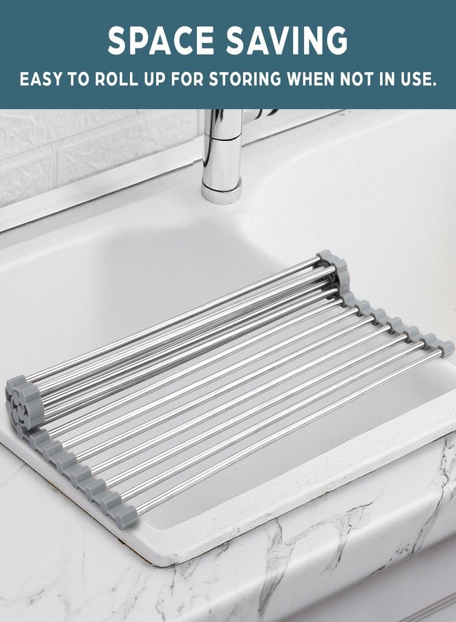 Zulay Kitchen 17.5” x 12” Roll Up Dish Drying Rack - Stainless Steel Over Sink Dish Drying Rack - Multipurpose Foldable Sink Rack for Kitchen Counter - Non-Slip, Heavy-Duty Drying Rack (Gray) - Image 2