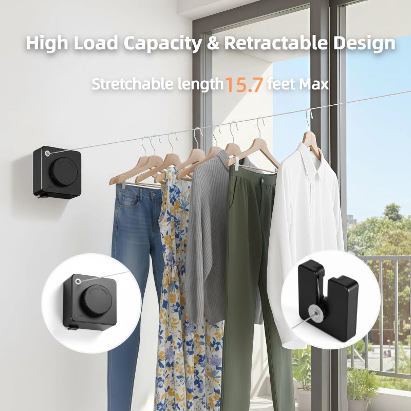 Augonla 15.7Ft Retractable Clothesline Indoor & Outdoor, Heavy Duty Anti-Sag Wall Mounted Stainless Steel Laundry Drying Line for Balcony, Laundry Room, Bathroom, Motorhome, Dormitory, Travel - Image 2
