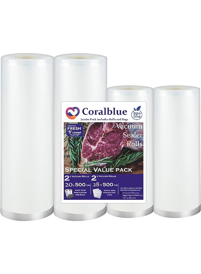 Coralblue لفات غلق الفراغ - عبوة من 4 قطع (2 لفة 28 سم * 5 متر، 2 لفة 22 سم * 5 متر)، لفات حفظ الطعام الخالية من مادة BPA لها أحجام متعددة رائعة للطهي بالتفريغ، وإعداد الوجبات وتخزين الطعام (4) - Image 1