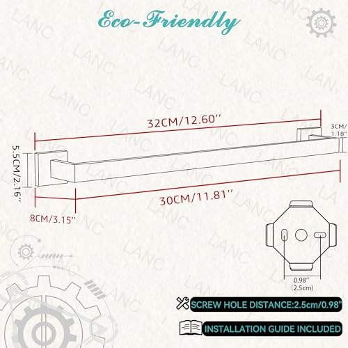 LANC 12 Inche 2PCS Bathroom Towel Bars, Matte Black Square Bathroom Towel Racks Hand Towel Holders, Total-14 Stainless Steel Wall Mount Shower Towel Rail Towel Hanger Rods,A8804-3MB - Image 4