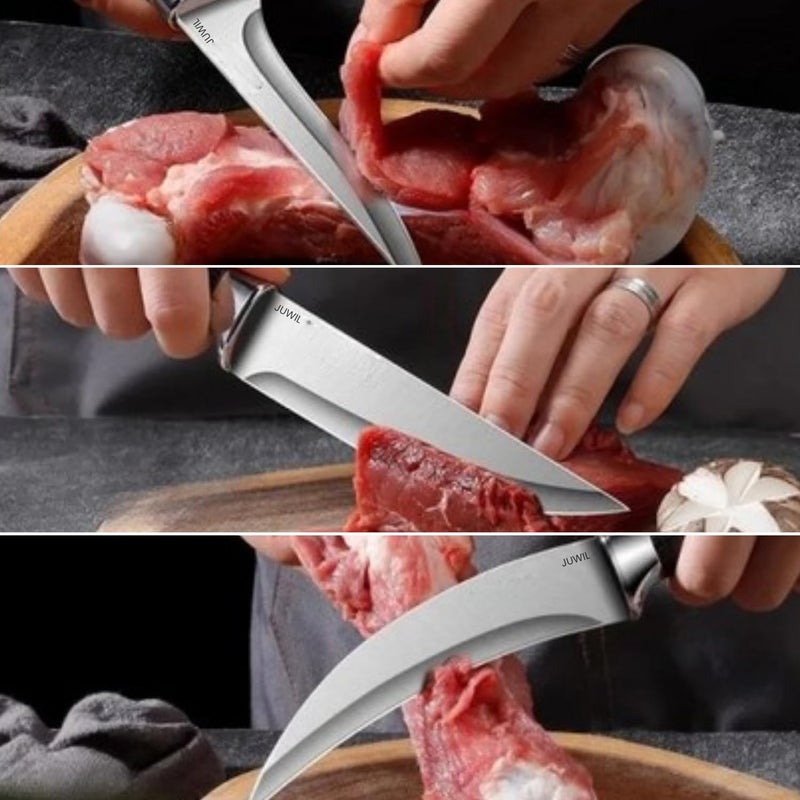 JUWIL سكين مطبخ من الفولاذ المقاوم للصدأ المنحني الفاخر مع غلاف واقي مقبض مريح غير قابل للانزلاق، شفرة حادة للغاية لقطع دقيق، وتقطيع - تصميم عصري أنيق مع غلاف بنمط نجمي - Image 5