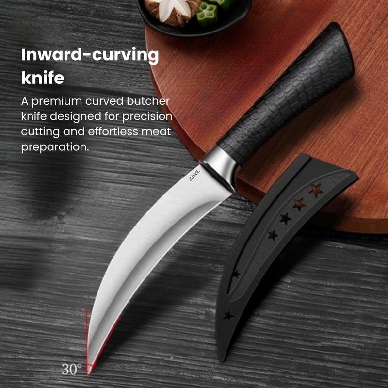 JUWIL سكين مطبخ من الفولاذ المقاوم للصدأ المنحني الفاخر مع غلاف واقي مقبض مريح غير قابل للانزلاق، شفرة حادة للغاية لقطع دقيق، وتقطيع - تصميم عصري أنيق مع غلاف بنمط نجمي - Image 3