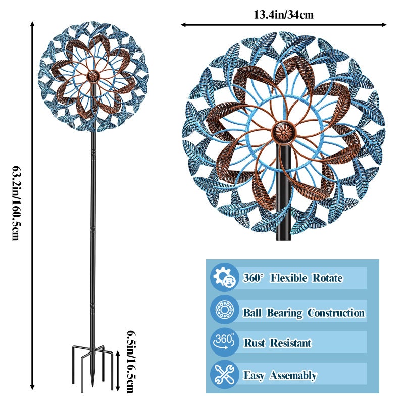 Gouisalin 360Â° Wind Spinners Outdoor, Wind Sculptures Windmill with Metal Stake, 63.2" Kinetic Large Metal Yard Art Decor Spinners Pinwheels for Garden Outside Patio Lawn - Image 3