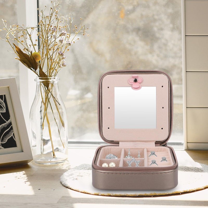Portable Jewelry Organizer Box With Mirror Light Gold Travel Storage Case For Women - Image 5