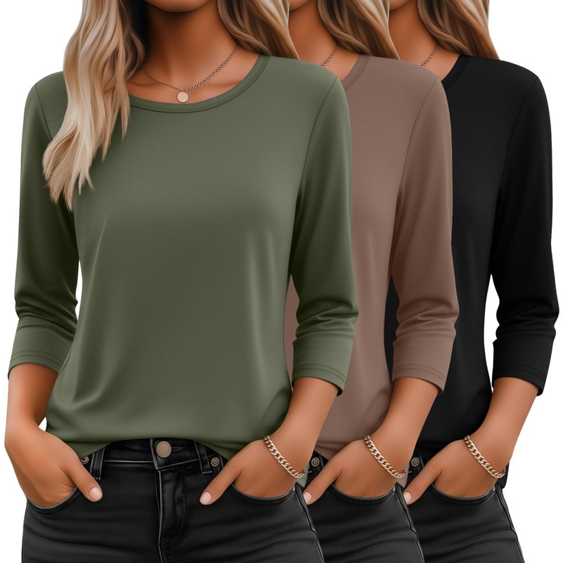 Ficerd 3 Pack 3/4 Sleeve Tops for Women Round Neck Dressy Basics Tees Casual Trendy Loose Fit T Shirts(Army Green, Coffee, Black,Large) - Image 1