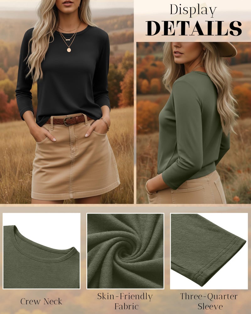 Ficerd 3 Pack 3/4 Sleeve Tops for Women Round Neck Dressy Basics Tees Casual Trendy Loose Fit T Shirts(Army Green, Coffee, Black,Large) - Image 5