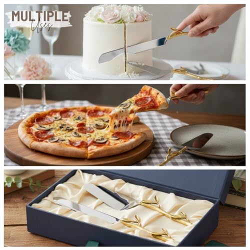 Saaga Stainless Steel Cake Knife 32Cms with Brass Handle for Cake Cutting and Cake Servers 27Cms for Plating Desserts - Set of 2Pcs with Sturdy Box - Image 5