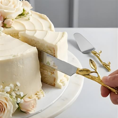 Saaga Stainless Steel Cake Knife 32Cms with Brass Handle for Cake Cutting and Cake Servers 27Cms for Plating Desserts - Set of 2Pcs with Sturdy Box - Image 1