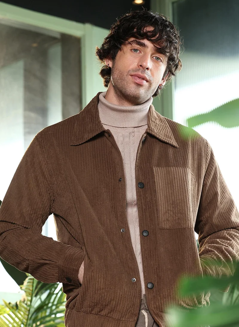 Men Solid-Corduroy Utility Bomber Jacket | Point Collar, Long Button-Cuff Sleeve | Snap Button, Stretch-Straight Hem | Solid Texture Woven Fabric For Casual & Daily Wear | Dark Chocolate