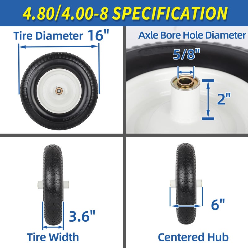 GICOOL 16" Solid Wheelbarrow Tire, 4.80/4.00-8" Flat-Free Tire and Wheel, 6" Centered Hub, 5/8" Axle Bore Hole for Wheel Barrow Garden Utility Cart Replacement - Image 2