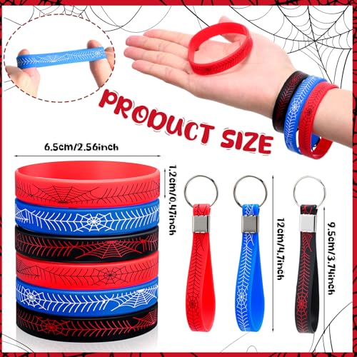 Simgoing 120 Pcs Spider Party Favors Include Spider Sunglasses Web Gift Tote Bags Blue Red Black Rubber Wristbands Silicone Keychains and Sticky Webs for Birthday Comic Themed Party Decoration - Image 5