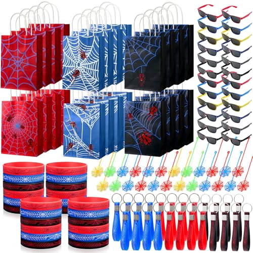 Simgoing 120 Pcs Spider Party Favors Include Spider Sunglasses Web Gift Tote Bags Blue Red Black Rubber Wristbands Silicone Keychains and Sticky Webs for Birthday Comic Themed Party Decoration - Image 1