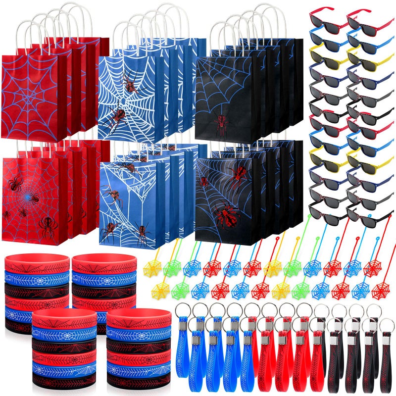 Simgoing 120 Pcs Spider Party Favors Include Spider Sunglasses Web Gift Tote Bags Blue Red Black Rubber Wristbands Silicone Keychains and Sticky Webs for Birthday Comic Themed Party Decoration - Image 3