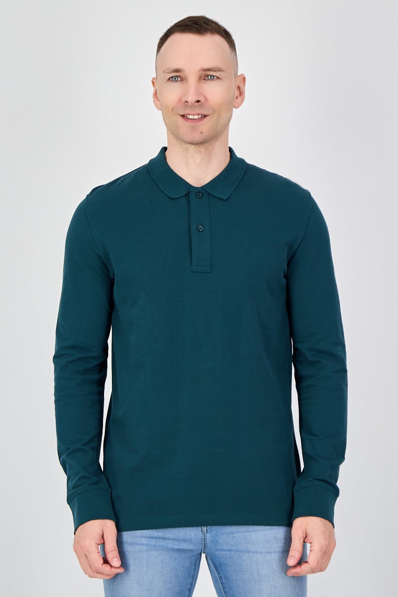 Celio قميص بولو بأكمام طويلة عادية للرجال، أخضر صنوبر - Image 1
