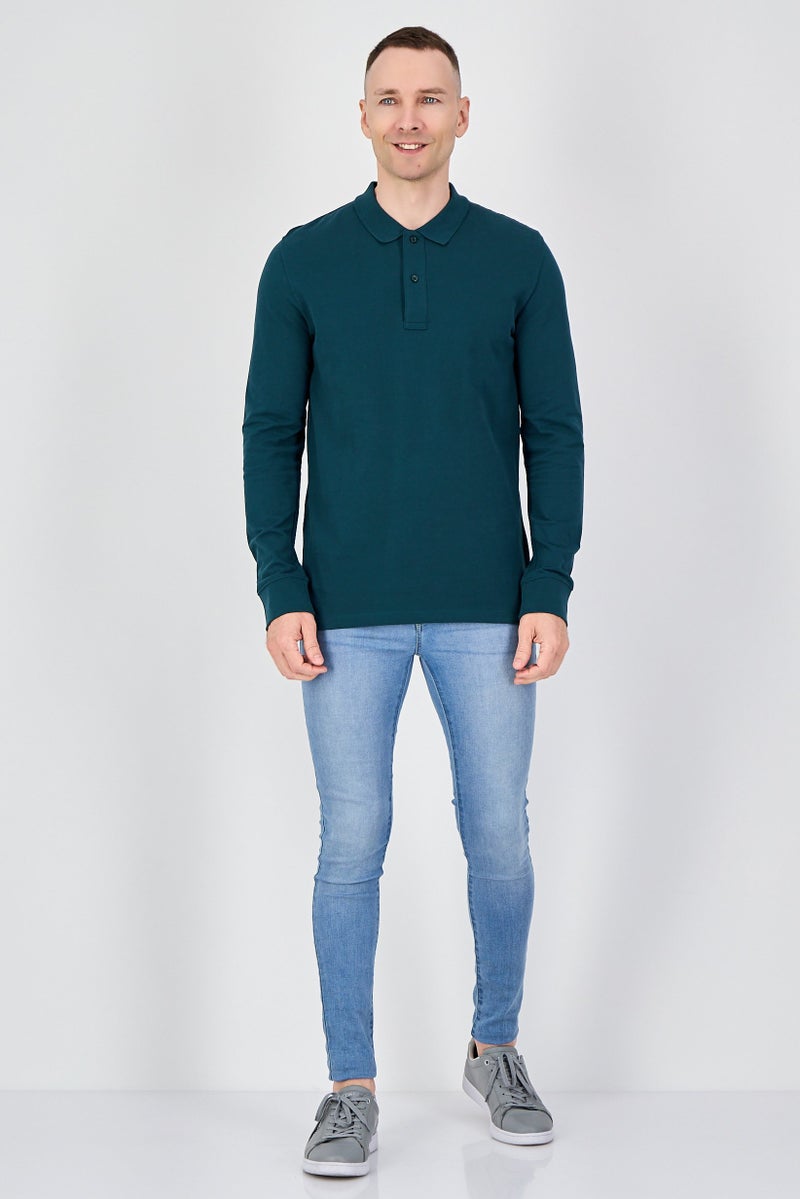 Celio قميص بولو بأكمام طويلة عادية للرجال، أخضر صنوبر - Image 4