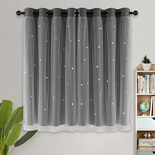 Kinryb Blackout Curtains for Girl Bedroom/Living Room/Classroom, Sheer Overlay Small 2 Panel Set, Double Layer Curtains with Star Cutout for Kids Room(W 52 x L 45 Inches,Grey 2 Pcs) - Image 2