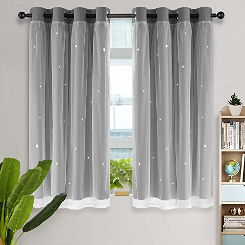 Kinryb Blackout Curtains for Girl Bedroom/Living Room/Classroom, Sheer Overlay Small 2 Panel Set, Double Layer Curtains with Star Cutout for Kids Room(W 52 x L 45 Inches,Grey 2 Pcs) - Image 3