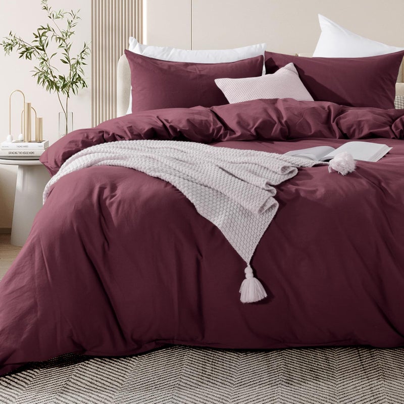NEXHOME PRO Duvet Cover Set 100% Washed Cotton Full Size Linen Feel Textured Organic Natural 3 Pieces Bedding Set with Zipper Closure and Corner Ties, Breathable and Soft (Burgundy Red, No Comforter) - Image 4