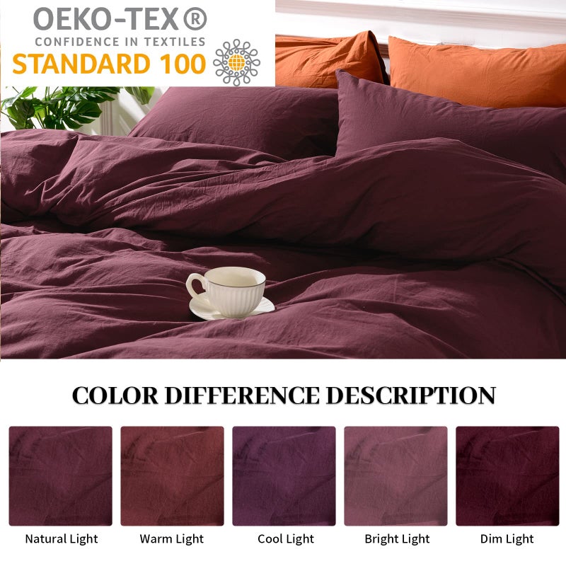 NEXHOME PRO Duvet Cover Set 100% Washed Cotton Full Size Linen Feel Textured Organic Natural 3 Pieces Bedding Set with Zipper Closure and Corner Ties, Breathable and Soft (Burgundy Red, No Comforter) - Image 3